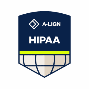 A-LIGN HIPAA certification badge, dark blue shield with yellow stripe and globe icon